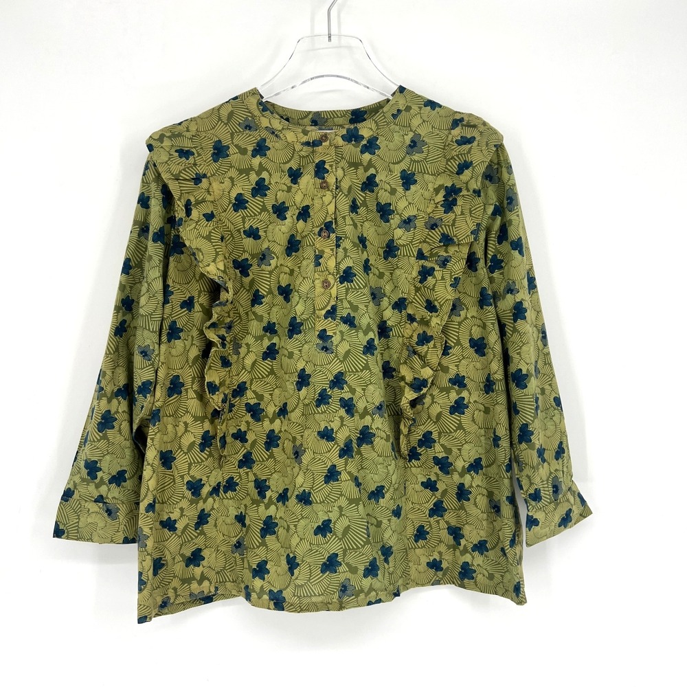 Fabindia Top Womens XL Green Floral Lightweight‎ Cotton Boho Tropical Hawaiian